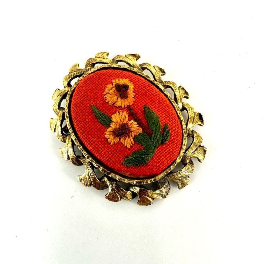 Vintage orange embroidered brooch/pendant